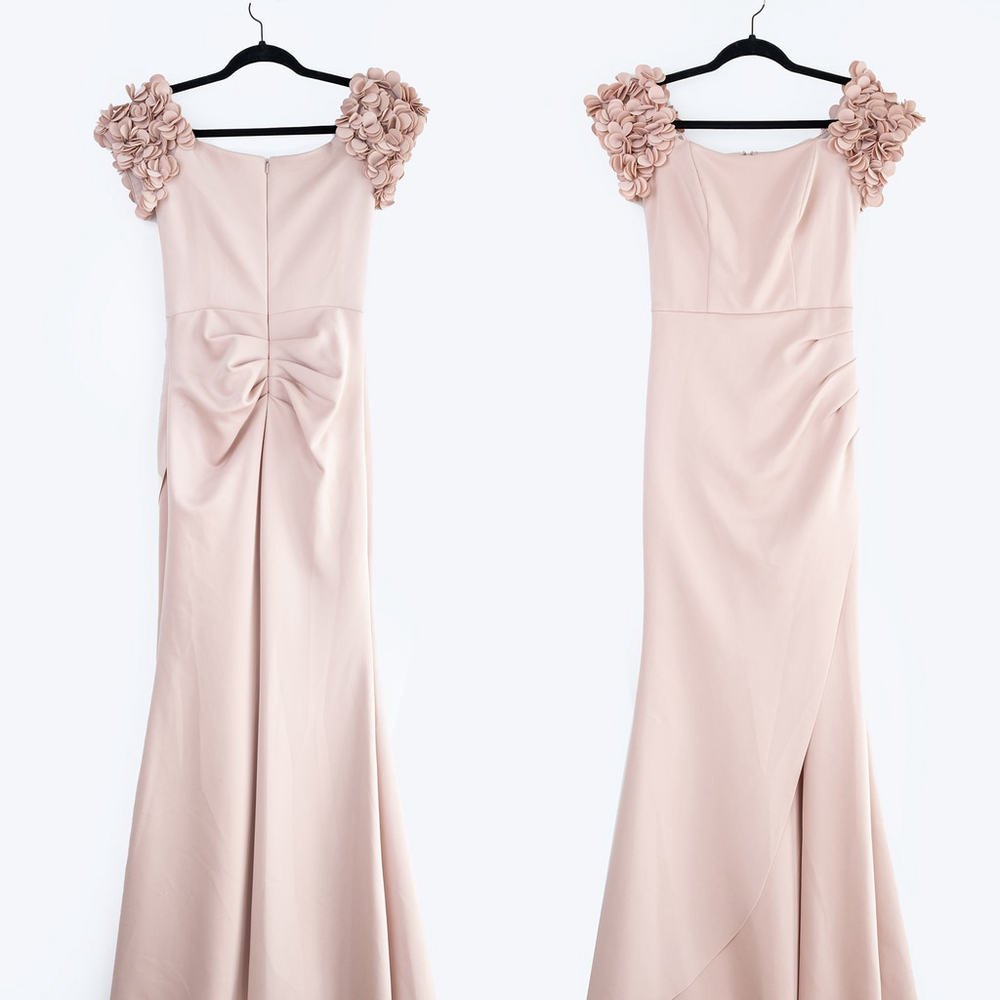 NWT AQUA Embellished Sleeve Gown Maxi Dress Ruffle Crepe Dusty Pink - Size 2 - Picture 4 of 12